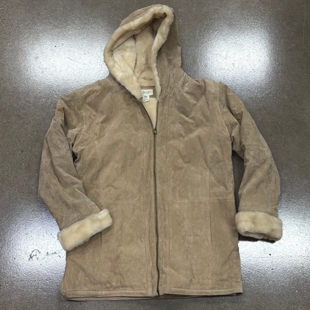 St. Johns Bay Washable Suede Leather Faux Fur Lined Hooded Jacket Tan Large